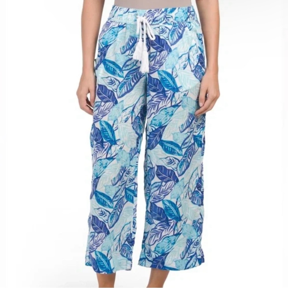 Sigrid Olsen Linen Beach Pull On Pants Tassels Floral Blue White Coastal Large